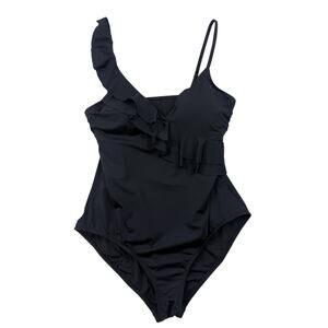 Jantzen One Piece Swimsuit Black 1 Shoulder Ruffled Womens 14 Build In Bra